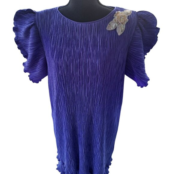 Vintage Patra Purple Pleated Dress With Sequin Floral Brooch Size 14 Womens - Picture 2 of 10